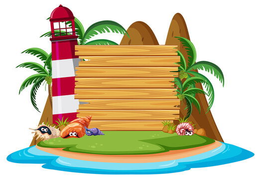 Blank banner template on the island with lighthouse isolated