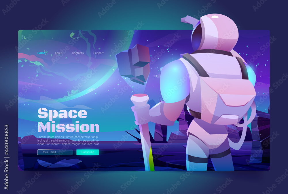 Poster space missions banner with astronaut in suit and helmet on alien planet in far galaxy. vector landin