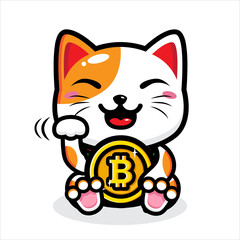 cute lucky cat cartoon vector design holding bitcoin coin