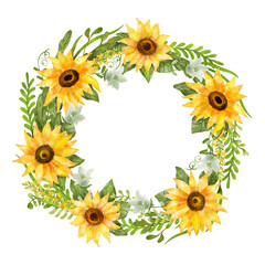 Watercolor floral round frame or wreath with green leaves and sunflowers isolated on white. Beautiful illustration. Great template for greeting cards, wedding invitations, home art print.