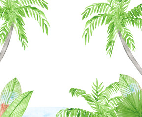 Watercolor coastal landscape on a white background. Exotic plants frame for your design. Hand-drawn palm tree, tropical leaves clipart. Green floral illustration. Tropical template print.