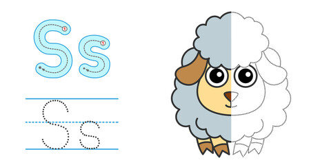 Trace the letter and picture and color it. Educational children tracing game. Coloring alphabet. Letter S and funny Sheep
