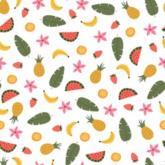 Seamless tropical pattern with leaves, fruits, decorative elements. Colorful vector, flat style. Jungle summer design for fabric, print, textile, wrapper.