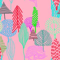Abstract graphics trees on pink background seamless pattern for all prints.