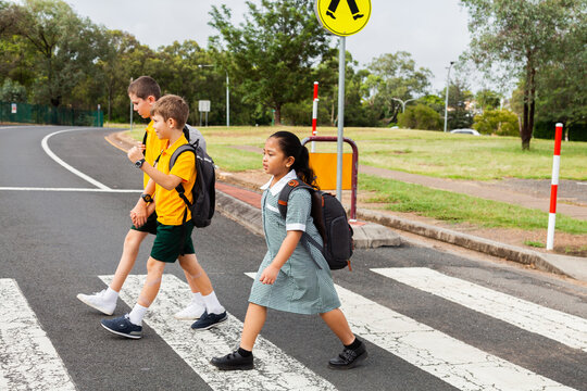 Three public school kids walking to school - crossing the road at a pedestrian crossing