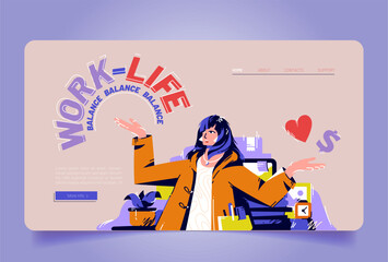 Work and life balance cartoon landing page, businesswoman sitting at workplace solve dilemma choosing between career or family, difficult solution, home or office choice, Vector line art web banner