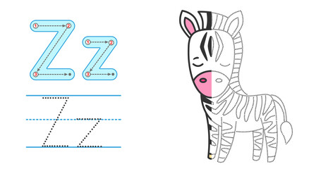 Fototapeta na wymiar Trace the letter and picture and color it. Educational children tracing game. Coloring alphabet. Letter Z and funny Zebra