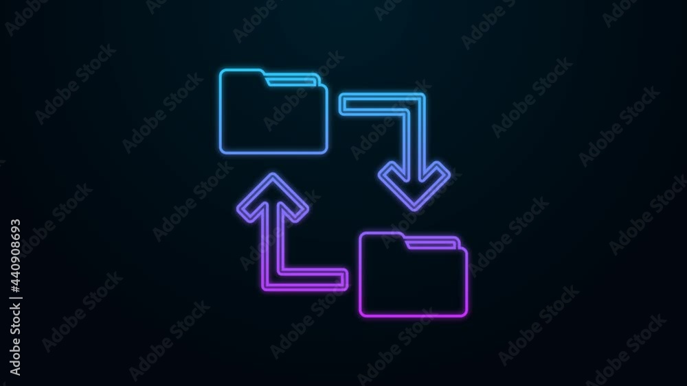 Poster glowing neon line cloud storage text document folder icon isolated on black background. 4k video mot
