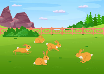 Cute rabbit characters running across field on farm. Small animals with long ears jumping around and sitting on green grass outside cartoon vector illustration. Easter, farming, wildlife concept