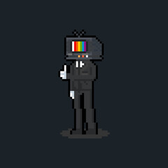 Pixel art television man character.
