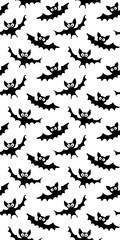 Flying bats seamless pattern. Cute Spooky vector Illustration. Halloween backgrounds and textures in flat cartoon gothic style. Black silhouettes animals on sky