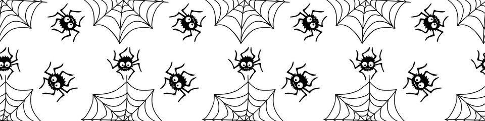 Seamless pattern with spiders and cobweb. Vector illustration isolated on white background. Halloween texture
