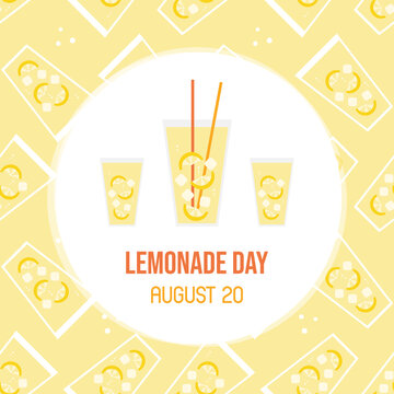 National Lemonade Day greeting card, vector illustration with glasses of lemonade and seamless pattern background. August 20.
