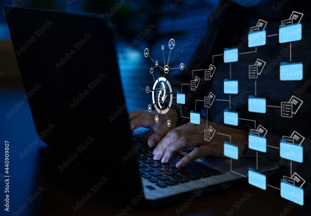 Poster entrepreneurs are managing data on their laptops. document management concept, online documentation 