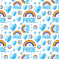 A pattern of words of pride and crystal hearts. Vector seamless pattern of the words pride. Pride of lesbian, gay, bisexual, transgender. On a white background. A symbol of the LGBT community.