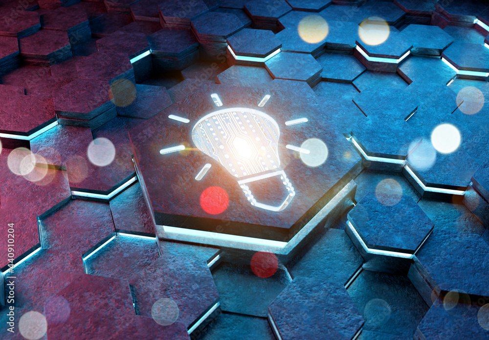 Aufkleber Lightbulb icon creativity concept engraved on metal hexagonal pedestral background. Innovation symbol glowing on abstract digital surface. 3d rendering