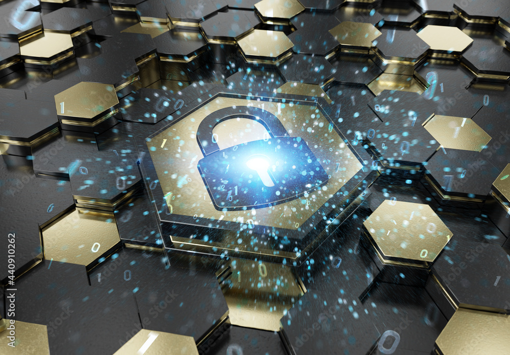 Poster web security icon concept engraved on gold metal hexagonal pedestral background. padlock logo glowin