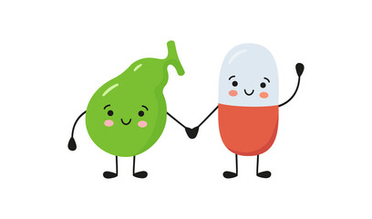 Healthy gallbladder and happy smiling medicine pill characters hold hands. Kawaii medicine capsule and cute gallbladder characters. Vector isolated illustration on white background.