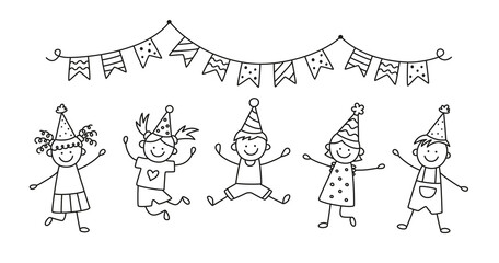 A group of happy jumping kids at a birthday party. Children jump under the bunting flags on a fun holiday. Hand drawn children drawing. Vector illustration isolated in doodle style on white background