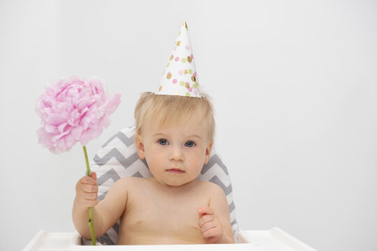 Adorable Funny Caucasian Blonde Baby Girl Sitting At High Chair , Wearing Birthday Hat Holding Pink Pion Flower On Light Grey Background.Idea Of Party For Kid,greeting Card.Infant Celebrating Holiday