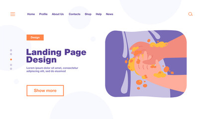 Person washing hands in flowing water with soap foam. Vector illustration for handwashing, hygiene, healthcare concept