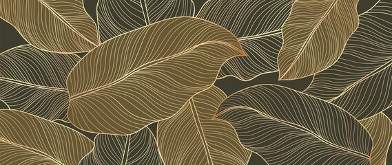 Abstract art Golden leaves background vector. Wallpaper design with line art texture from monstera leaves, Jungle leaves, exotic botanical floral pattern. Design for prints, banner, wall art.