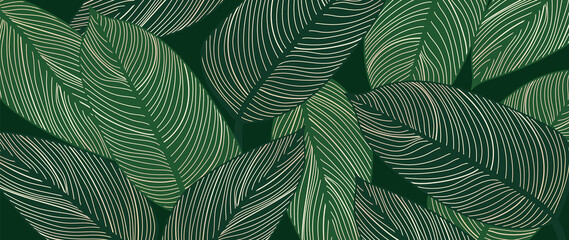Abstract art Golden leaves background vector. Wallpaper design with line art texture from monstera leaves, Jungle leaves, exotic botanical floral pattern. Design for prints, banner, wall art. © TWINS DESIGN STUDIO