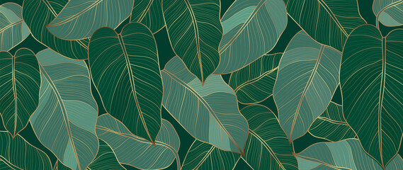 Abstract art Golden leaves background vector. Wallpaper design with line art texture from monstera leaves, Jungle leaves, exotic botanical floral pattern. Design for prints, banner, wall art. - obrazy, fototapety, plakaty