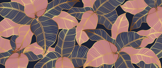 Abstract art Golden leaves background vector. Wallpaper design with line art texture from monstera leaves, Jungle leaves, exotic botanical floral pattern. Design for prints, banner, wall art. © TWINS DESIGN STUDIO