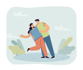 Boyfriend holding girlfriend romantically. Happy couple, male and female characters on date flat vector illustration. Romance, relationship concept for banner, website design or landing web page
