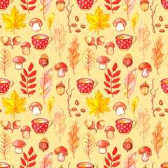Foto auf Glas Watercolor seamless pattern, autumn collection, fallen leaves, mushrooms, acorns, grains and a Cup of coffee. Walk through the woods, comfort and warmth, retro Wallpaper © Iuliia