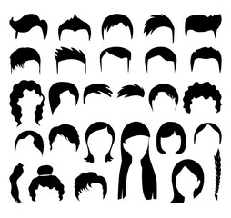 Big black hair silhouettes collection of fashionable haircuts or hairstyles for mens or girls, isolated on white background. Fashion hand drawn jpeg illustration