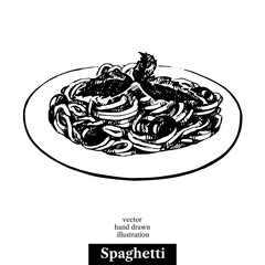 Spaghetti. Vintage fast food hand drawn sketch illustration. Isolated background. Menu design