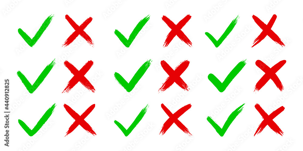 Poster cross x and tick v ok check mark vector illustration set isolated on white background. dirty grunge 