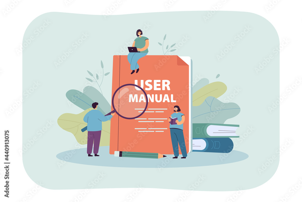 Poster tiny people studying user manual. character with magnifier examining guidebook, girl reading handboo