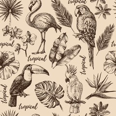 Naklejka premium Hand drawn sketch tropical paradise plants and birds vintage seamless pattern. Vector illustration background