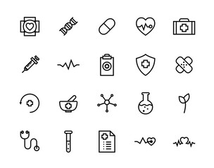 Fototapeta premium Vector set of Health icons. Line icons Healthy and app icon set. Simple graphic design ideas. Simple outline element collection. Editalbe Stroke