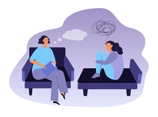 vector illustration on the theme of psychotherapy, a psychologist and a patient are talking on the couch. trend illustration in flat style