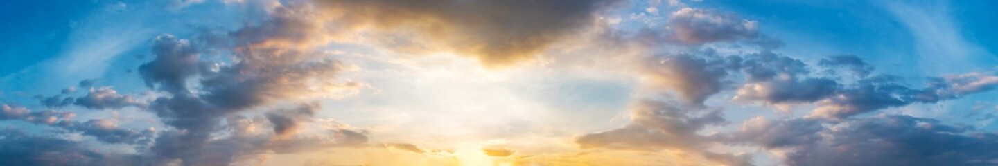 Dramatic panorama sky with cloud on sunrise and sunset time. Panoramic image.