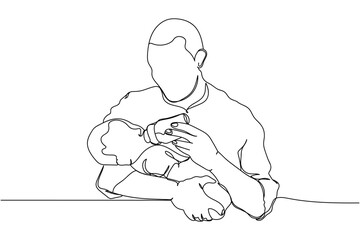 Continuous one line of man with little baby born in silhouette on a white background. Linear stylized.Minimalist. Fathers day concept