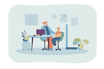 Cartoon boy at reception of pediatrician. Flat vector illustration. Doctor examining little sick boy with stethoscope. Medical assessment, aid, pediatrics, healthcare concept for banner design