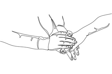 Obraz premium Continuous one line of hands holding couple hands in silhouette on a white background. Linear stylized.Minimalist.
