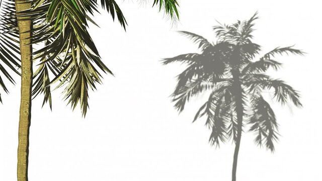 
Isolated on white background palm tree in the wind and its shadow. 