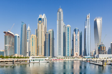 Fototapeta na wymiar Dubai Marina and Harbour skyline architecture travel in United Arab Emirates water reflection