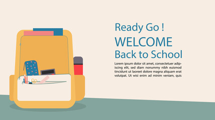 Backpack with different colorful stationery on table for Banner design.