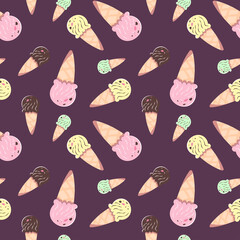 Seamless pattern with multicolored ice creams in waffle cones. Vector illustration on a dark background in a cartoon style with a stroke