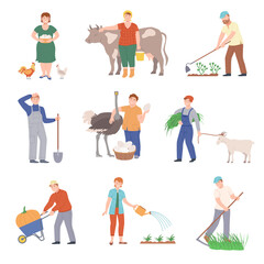 People Farmer Characters Harvesting and Doing Garden Work Vector Illustration Set