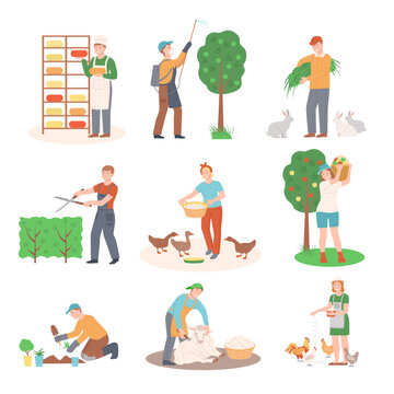 People Farmer Characters Feeding Livestock, Harvesting and Doing Garden Work Vector Illustration Set