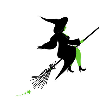 Cute witch flying on a magic broomstick. To celebrate halloween. Vector illustration.