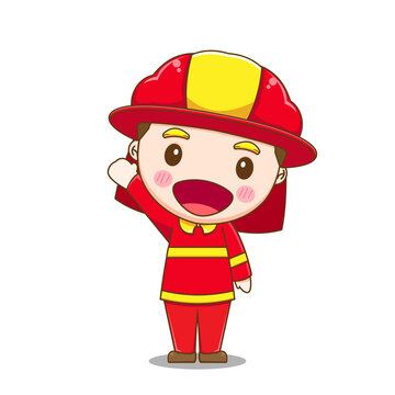Cartoon illustration of cute fire fighter character.